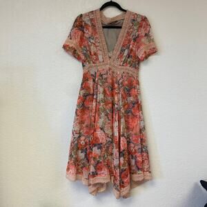 Ranna Gill Floral V-Neck Embroidered Flowy Short Dress Brown Size 2